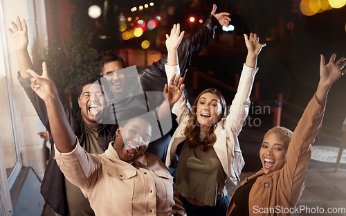 Image of Happy people, diversity or hands up portrait in city for dance party, nightclub event or birthday celebration. Smile, friends or bonding men and excited women in social gathering, concert or festival