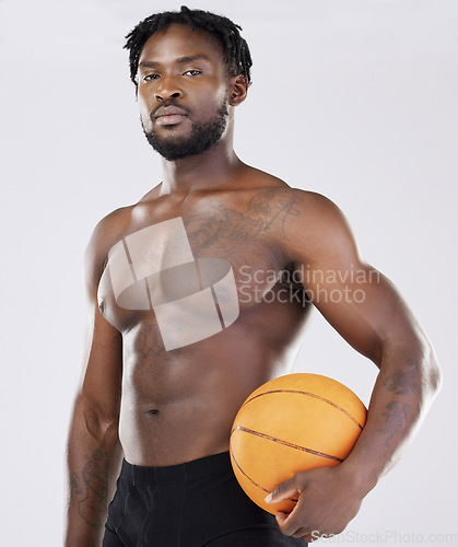 Image of Sports person, fitness and basketball portrait of black man with orange ball for training exercise. Athlete model with strong muscle to train, workout and start competition for health and wellness