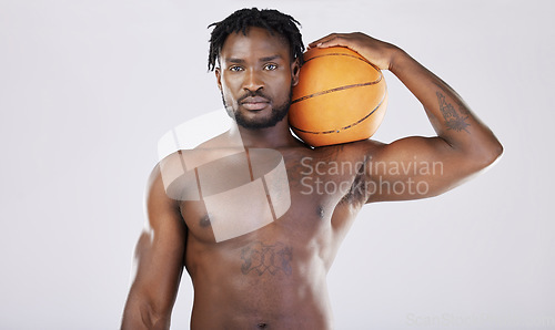 Image of Basketball player, fitness portrait and body of black man with ball for sports training and exercise. Athlete person with strong muscle to train, workout and start competition for health and wellness