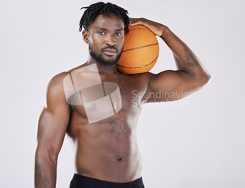 Image of Basketball, black man and sports portrait and body with ball for fitness training and exercise. Athlete person with strong muscle to train, workout and competition for health and wellness motivation