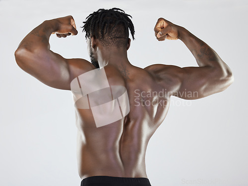 Image of Back, body and biceps with a model black man posing in studio on a gray background for fitness or exercise. Muscle, health and wellness with a strong male athlete standing or flexing for power