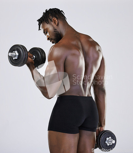 Image of Dumbbell, exercise and fitness of strong black man doing muscle workout in studio. Body of a sexy bodybuilder in underwear training with weights for power, health and wellness or growth motivation