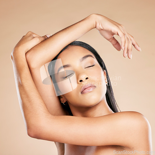 Image of Relax, skincare or woman with beauty aesthetic or glow after grooming face isolated on studio background. Natural, makeup or beautiful girl with eyes closed, dermatology cosmetics or facial products