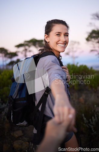 Image of Hiking, holding hands and portrait of woman on mountain for adventure, freedom and journey in nature. Fitness, dating and happy girl with partner for walking, trekking and travel lifestyle on hike