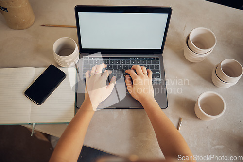 Image of Mockup screen, pottery and hands on laptop for marketing communication, email and creative small business. Above, media and woman typing on a computer with advertising space at an art workshop