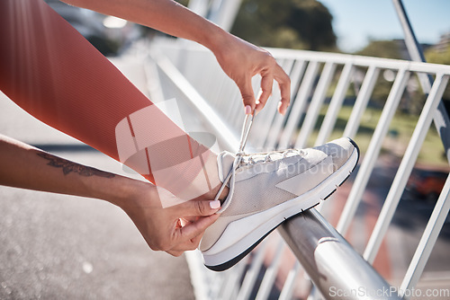Image of Start, fitness and shoe of woman in city for training, exercise cardio and workout in Australia. Shoes, motivation and runner tying laces for outdoor sports running for health and body performance