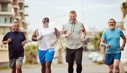 Image of Fitness, running and teamwork with senior friends in city for stamina, cardio or endurance training. Sport, jogging and goal with group of men runner sprinting in town for workout, exercise or health