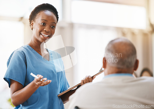 Image of Consulting, medical and checklist with old man and nurse for retirement, rehabilitation or physical therapy. Help, empathy and healing with patient and black woman in nursing home for healthcare exam