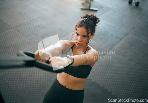 Image of Exercise, gymnast ring and woman doing fitness workout , strength training and body wellness routine. Strong sports female or athlete with dip rings for power, self care and a healthy lifestyle