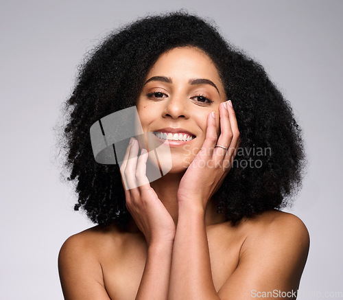 Image of Beauty, skincare and product with portrait of black woman for facial, self care and luxury cosmetics. Spa, hair care and makeup with face of girl model for treatment, natural and wellness in studio