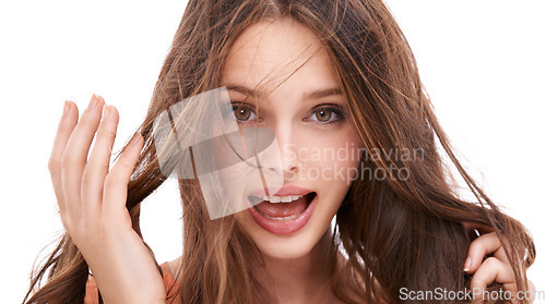 Image of Portrait, hair and messy with a woman on a studio white background for keratin haircare treatment of split ends. Face, hair loss and beauty with a female model in a salon or hairdresser for a haircut