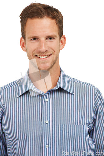 Image of Portrait, headshot and businessman with white background, leadership and face in Australia. Happy male model, corporate manager and professional worker in studio for ceo success, management or smile