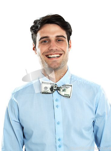 Image of Portrait, money and finance with a business man in studio isolated on a white background wearing a dollar bill bowtie. Accounting, investment and cash with a male employee standing on blank space