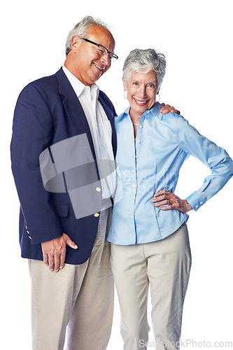 Image of Love, smile and portrait of senior couple standing in studio, isolated on white background. Retirement, happy and healthy relationship, romance for elderly man with woman together in formal clothes.