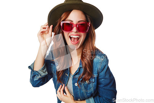 Image of Happy woman, fashion and glasses with hat, smile or excited face against a white studio background. Portrait of a isolated fashionable female smiling in happiness for summer style on white background