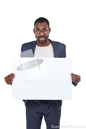 Image of Portrait, creative and poster mockup for marketing paper space, advertising mock up and promotion. Banner, blank and billboard sign for happy worker, smile or businessman on isolated white background