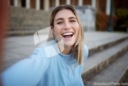 Image of Student, selfie and girl with a smile of education building stairs with happiness for social media. Happy, woman and school of a person on university, college and campus steps on a phone with youth