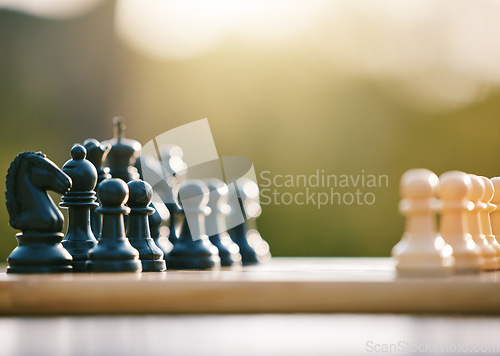 Image of Game, smart and chess sport in nature for a challenge, strategy and brain competition in Ireland. Battle, match and board for games, strategic fun and tactics in a park or field for logic play