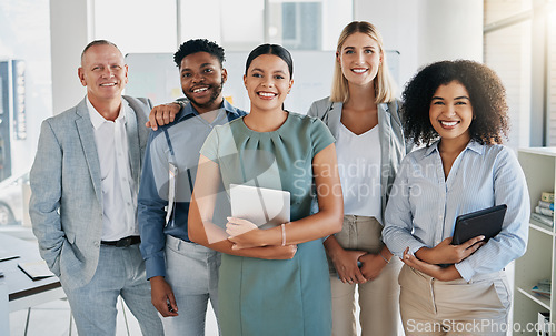 Image of Portrait, happy or business people in a digital agency in an office building with motivation, goals or mission. Leadership, team work or confident employees smile with pride, solidarity or support
