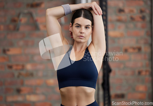 Image of Fitness, portrait and woman stretching arms for gym exercise, workout or training in Australia. Female athlete with focus, warm up and body to start performance, wellness and energy for healthy goals