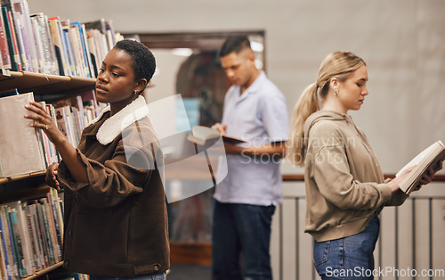 Image of Diversity, education and students in library, knowledge and homework for studies, course material and relax. Young people, books and reading for research, ideas or learning for project or information