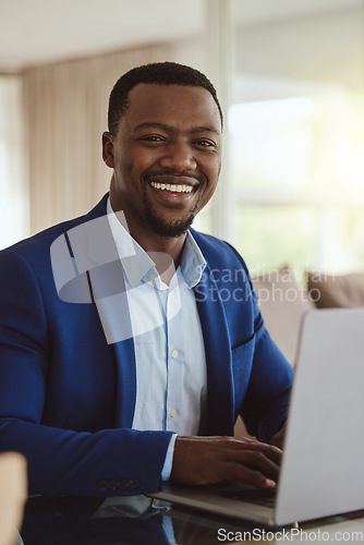 Image of Happy, business and portrait of a black man with a laptop for planning, connection and email on work wifi. Smile, corporate research and executive African businessman typing a proposal on a computer