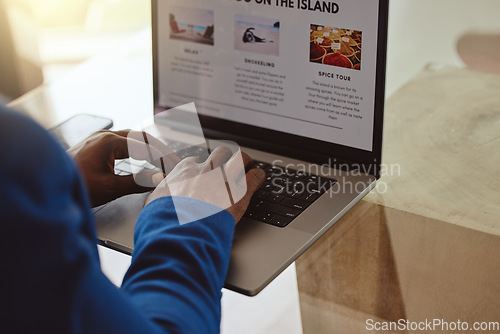 Image of Laptop screen, travel website and hands of businessman typing information on vacation planning, marketing or online blog writing. Black man, ux web design for contact us, booking faq or about us page