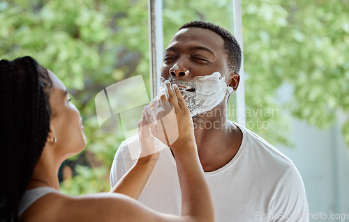 Image of Black couple with shaving foam, morning hygiene in home bathroom and skincare product for facial treatment. Beauty wellness for cleaning face, happy boyfriend or natural cosmetics cream application