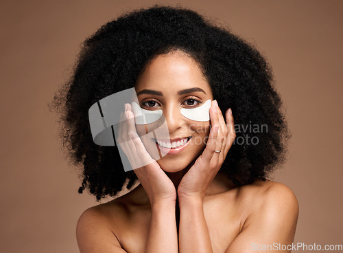 Image of Beauty, skincare and eye mask with face of black woman for facial, product and spa treatment. Collagen, self care and luxury with girl model and eye patches for wellness, cosmetics and dermatology