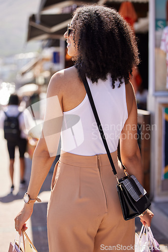 Image of Happy young woman, shopping bags or retail city fashion for luxury clothes, self care spree or luxury mall sales. Smile, fun or trendy customer gifts in Brazilian urban street or relax street market