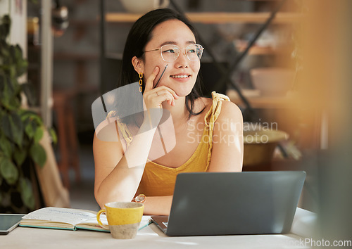 Image of Startup, Asian or business woman thinking in office for networking, online idea or advertising blog content. Happy, smile or girl for planning for social media, creative innovation or website review