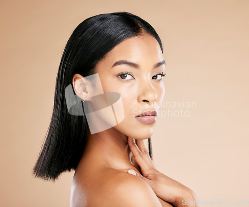 Image of Portrait, skincare and black woman with natural beauty, dermatology and cosmetics with lady on brown studio background. Face, girl and African American female with makeup, confidence and wellness