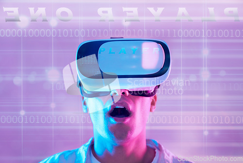 Image of Wow, futuristic and man in virtual reality metaverse gaming on 3d technology. Surprise, neon and male player exploring vr cyber world, ux or simulation with binary numbers, data and ai information.