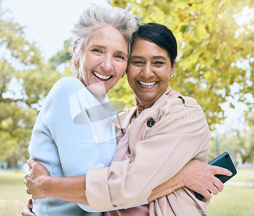 Image of Senior women, bonding or hug portrait in nature park, garden or relax environment for social media, profile picture or memory. Smile, happy friends or retirement elderly embrace for mobile technology