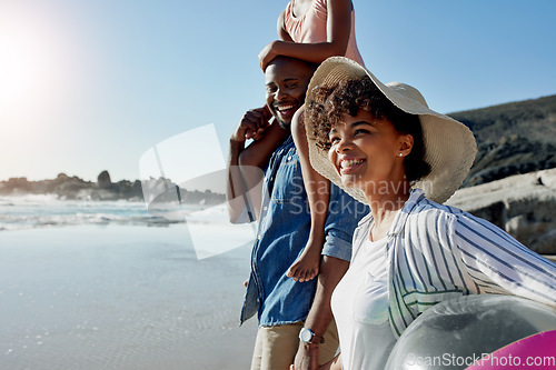 Image of Walking, beach and profile of happy black family travel, relax and enjoy outdoor quality time together. Ocean sea water, blue sky mock up or freedom peace for bonding people on Jamaica holiday mockup