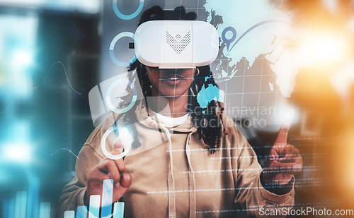 Image of Virtual reality, pointing or woman with global data for vr elearning, globalization or future education innovation. Knowledge metaverse, chart overlay or black student study with ai augmented reality