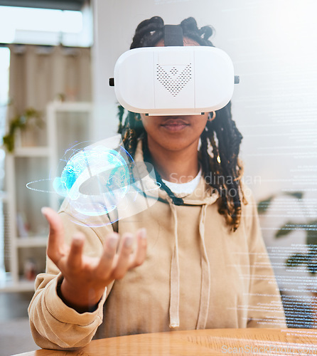 Image of Virtual reality, vr metaverse or woman with globe hologram, 3d cyber planet or ai augmented reality. Elearning, globalization overlay and black student with earth, world or future learning innovation