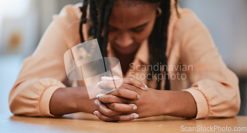 Image of Hands together, business and black woman tired, stress and overworked with burnout, mental health and employee with anxiety. African American female, lady or entrepreneur with depression and thinking