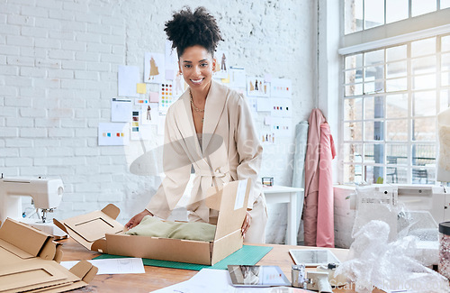 Image of Fashion store portrait, box and black woman packaging stock product for commercial distribution or courier shipping. Logistics export delivery, retail container and girl work in supply chain industry