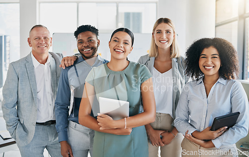 Image of Portrait, happy or business people in a digital agency in an office building with motivation, goals or mission. Leadership, team work or confident employees smile with pride, solidarity or support