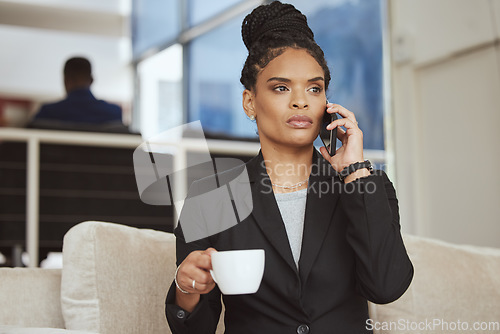 Image of Coffee, phone call or business black woman in b2b networking in office sofa for sales deal or marketing. Corporate, focus or employee for communication mobile tech in planning, innovation or strategy