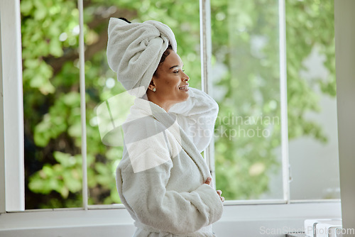 Image of Black woman, spa gown and relax beauty, body care wellness and luxury peace standing in salon. African woman, morning routine and ready for self care grooming, cosmetic therapy and vacation happiness