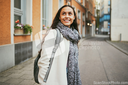 Image of Thinking, happy and woman in the city for travel, street exploring and holiday in Argentina. Summer, traveling idea and girl walking in road with a smile during a vacation as a tourist an urban town