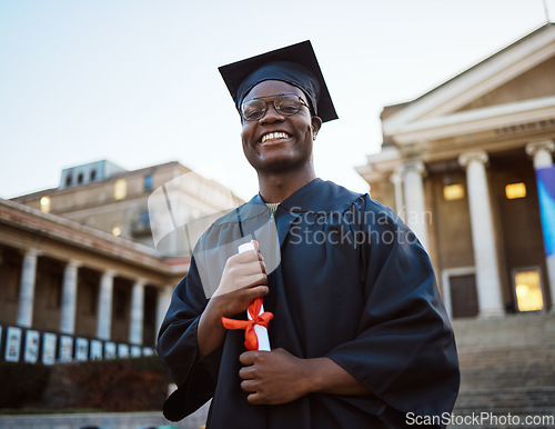 Image of Achievement, diploma and portrait of a black man at graduation with college success, celebration and happy. Pride, smile and African graduate with a certificate after studying at university in London