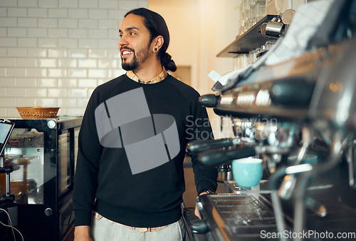 Image of Coffee shop, thinking and manager man of small business with optimistic and happy smile. Professional cafe business owner and entrepreneur guy thoughtful at coffee machine in Brazil.