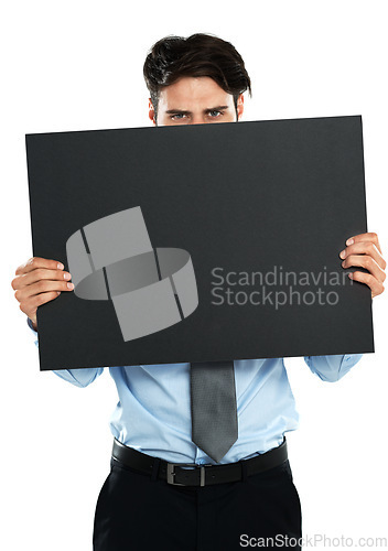 Image of Placard mockup, portrait and serious businessman with marketing promo poster, advertising banner or product placement. Mock up billboard sign, hide or studio sales model isolated on white background