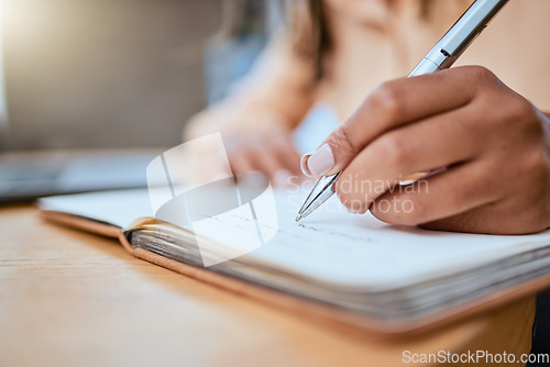 Image of Schedule, writing and zoom of hand with notebook for planning, inspiration and creative ideas. Freelance career, information and busy woman working on calendar plans, strategy and journal report