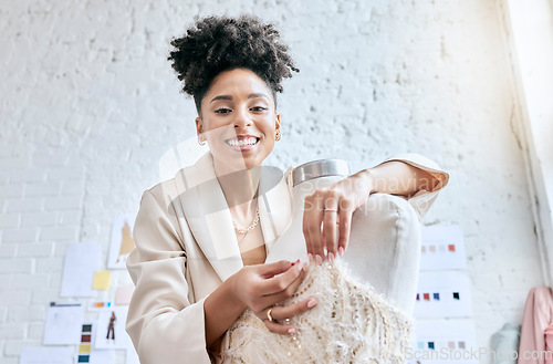 Image of Fashion, designer and mannequin with black woman in workshop for planning, manufacturing and retail. Creative, idea and fabric with girl and couture dress in studio for small business or ecommerce