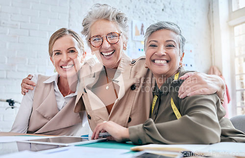 Image of Designer team, portrait and happy business group of fashion marketing women with store success. Ecommerce, designer sales and diversity of people planning a online shopping strategy with a smile