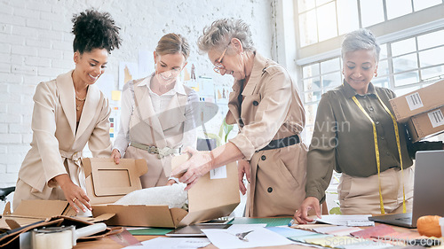 Image of Collaboration, store delivery box or team packaging stock product for clothing distribution shipping. Logistics export, retail fashion container or diversity group working in supply chain industry